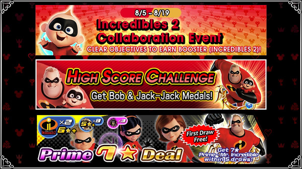 KHMLink_NA's tweet photo. We are happy to announce the Incredibles 2 Collaboration Event! Earn a special Booster, participate in a High Score Challenge, and grab special Prime Medals in this new deal, with the first draw free! All begin tonight at midnight (PT)! #KHUX https://t.co/fz8nSGoEfN