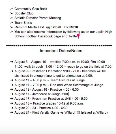 Don't forget the high school player/parent football meeting is tomorrow at 2:00 in the high school cafeteria for all grades 9-12. This meeting is very important and we will cover a lot of information.