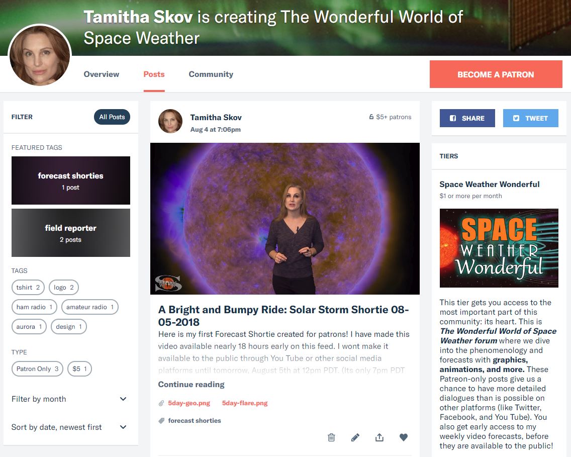 TamithaSkov's tweet photo. As promised, here is EARLY ACCESS to my first #SpaceWeatherWoman "Forecast Shortie" for those in my #Patreon Pre-Launch! The video will be available to the public in about 16 hrs, but patrons get top priority! Come help me work the bugs out of my process: https://t.co/zEdShcgz6W https://t.co/qgnSNxX0dz