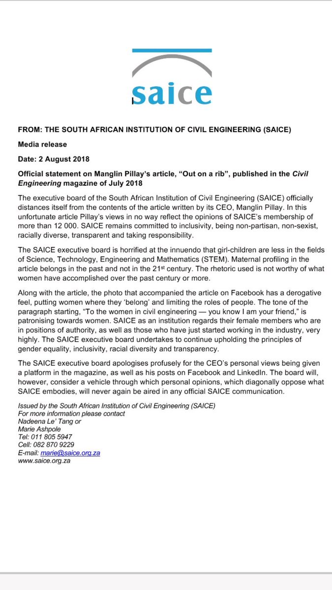 Instead of issuing an apology for a statement it didn’t write, the executive board of @saice_civil should have used the time effectively to write a letter firing its CEO, Manglin Pillay