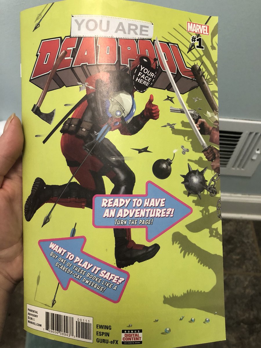 IamGHERU's tweet photo. #MarvelComis’ “You Are #Deadpool” is really helping my son learn how to play RPGs.
#AlEwing https://t.co/hkQDexRjI3