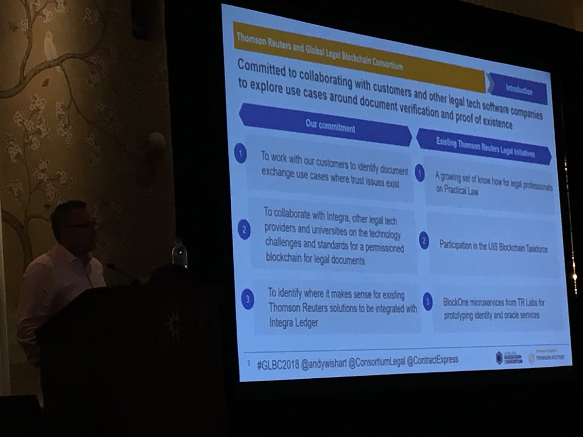 .@andywishart: “Blockchain applications can’t just be about automation. We need to identify use cases where there are trust issues.” <a href="/thomsonreuters/">Thomson Reuters</a> lists commitments and why it is joining <a href="/ConsortiumLegal/">Legal Blockchain</a> #GLBC2018 #ILTACON18