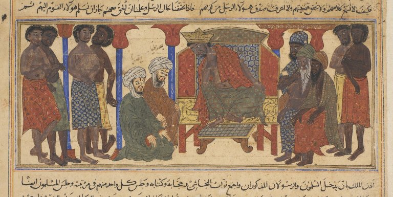 Image from Jami' al-Tawarikh showing early Muslims at the court of the Christian Negus of Abyssinia where they had sought refuge on the advice of Prophet Muhammad. The Quraysh tried to bring them back but the Negus refused to hand over the Muslim refugees exhibitions.ed.ac.uk/record/23140