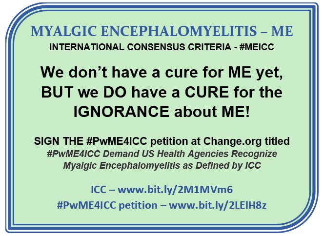 While we don't have a cure for the disease we can cure the ignorance that is obviously rampant.  
#PwME4ICC #MyalgicE #PwME #SevereME #MEICC
#ReactivatedViruses #OpportunisticInfections 
#ImmuneDeficiency   #ActUp4ME 
#MEadvocacy #MyalgicEncephalomyelitis 
change.org/p/the-us-depar…