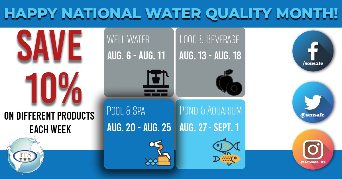 sensafe's tweet image. Happy National Water Quality Month! To celebrate, ITS has put together a month full of deals. Tune in every Monday to see what special deals will be going on that week!  #ITS #Sensafe #waterquality #watertesting