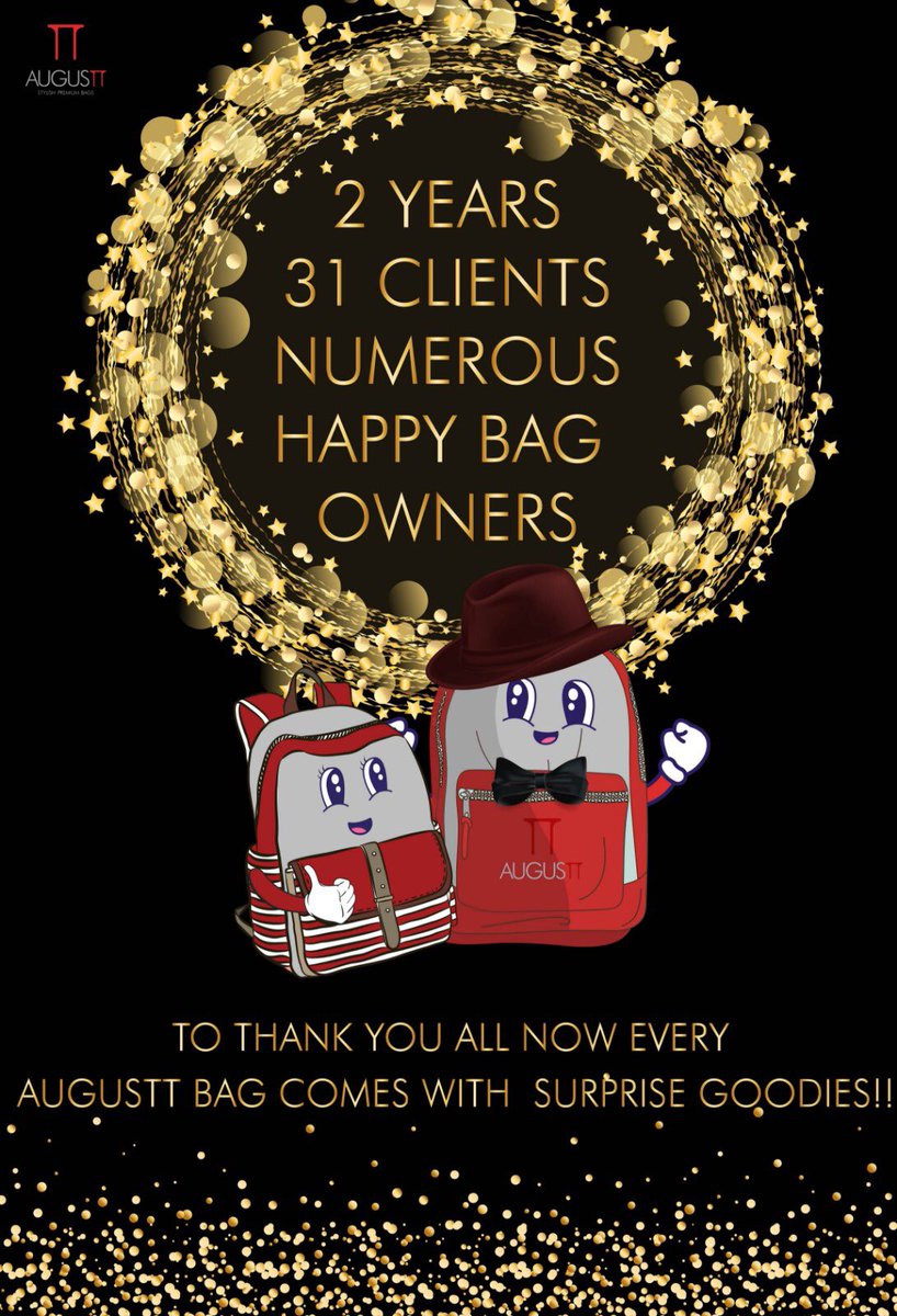 AugusTToff's tweet photo. 2 years 31 clients and numerous happy #bag owners....On this occasion of Our 2nd #Anniversary , all we wish to say is ‘Thank You’.... Thank You for believing and showing Trust in us. #2YearsOfAugusTT #Corporate #CorporateGifting #backpack #gym #Bag 

Best Regards,
Team AugusTT https://t.co/zoZqdzIiCo