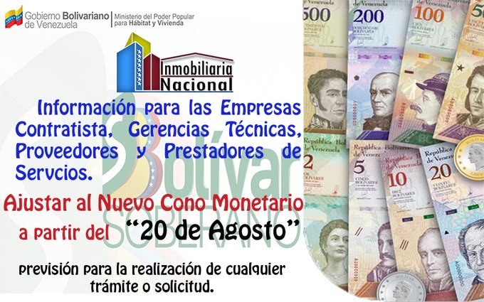 inmobiliariana_'s tweet photo. #InmobiliriaNacional cumple con informarle, que se deben tomar las prevenciones para la realización de cualquier trámite o solicitud que requiera consignar, deberá estar ajustados al nuevo cono monetario que entrará en vigencia a partir del 20 de Agosto de 2018. https://t.co/1PzunhhyOc