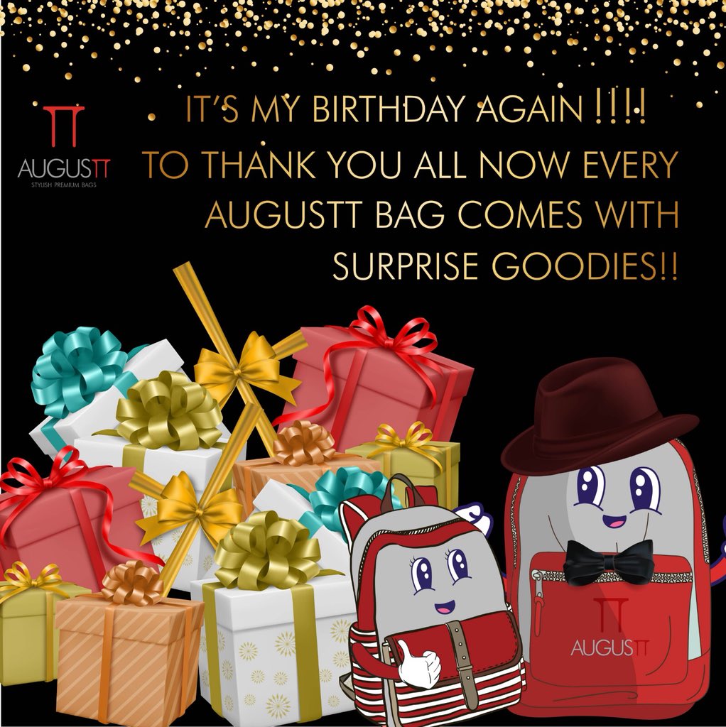 AugusTToff's tweet photo. It’s our 2nd #Birthday and we are giving away awesome goodies with every #AugusTT #Bag 
#2YearsOfAugusTT #Celebration https://t.co/STsH2F8rHO