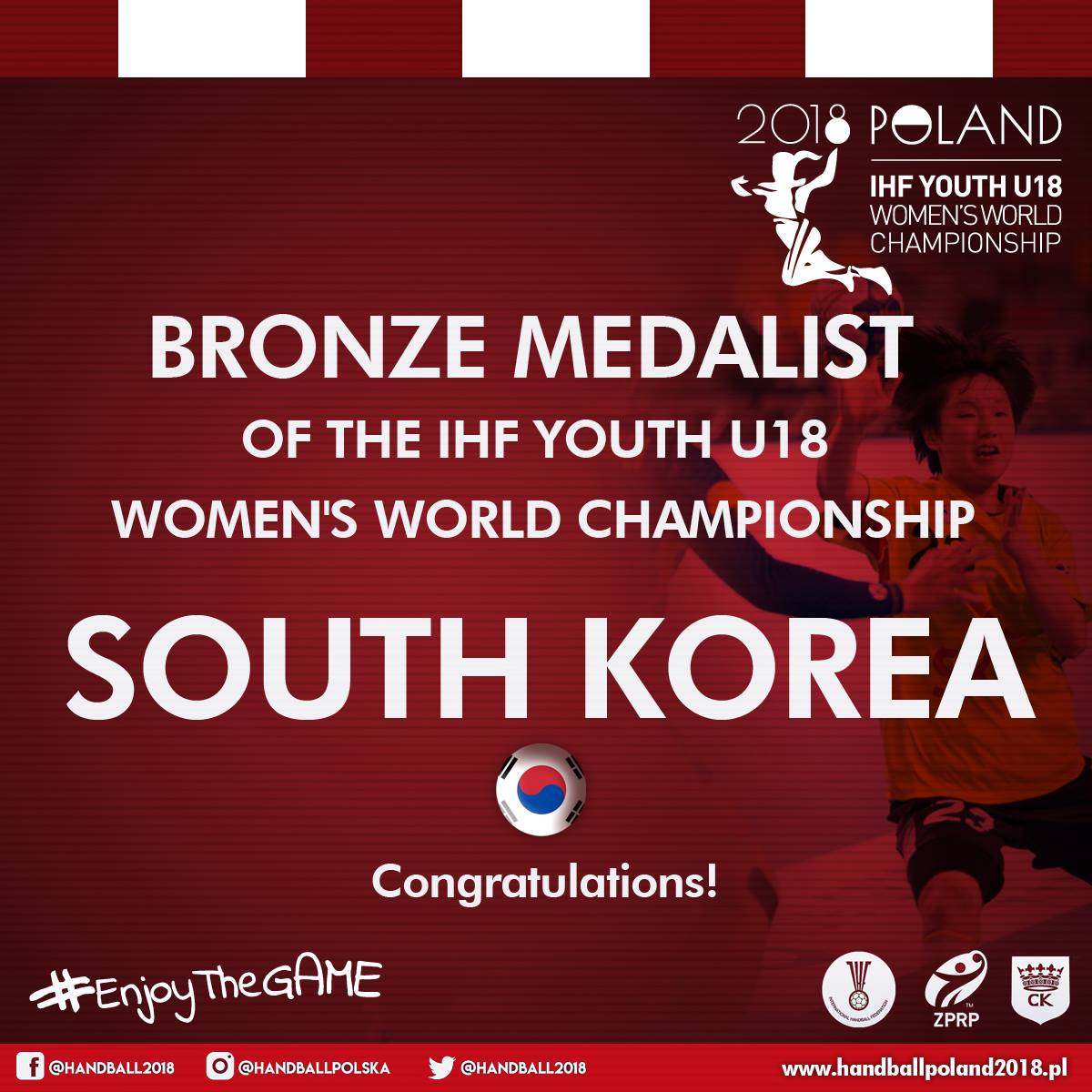 handball2018's tweet photo. We have a first medalist of our tournament❗ Bronze medals go to South Korea after victory against Sweden 34:27 ❗😊🤗😍 Congratulations❗❗❗ #enjothegame #enjoythebronze @ihf_info https://t.co/9zygdlKfmP