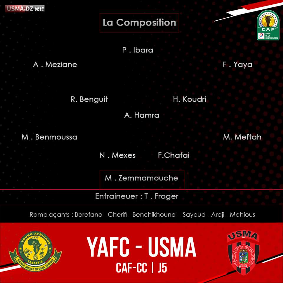 USMAofficiel's tweet photo. [ Young Africains - USMA ] : Le 11 rentrant
.
التشكيلة الأساسية التي ستواجه يونغ أفريكانز 

#CAF_CC #AllezlesRouge 🔴⚫ https://t.co/RzyLHG9DO0