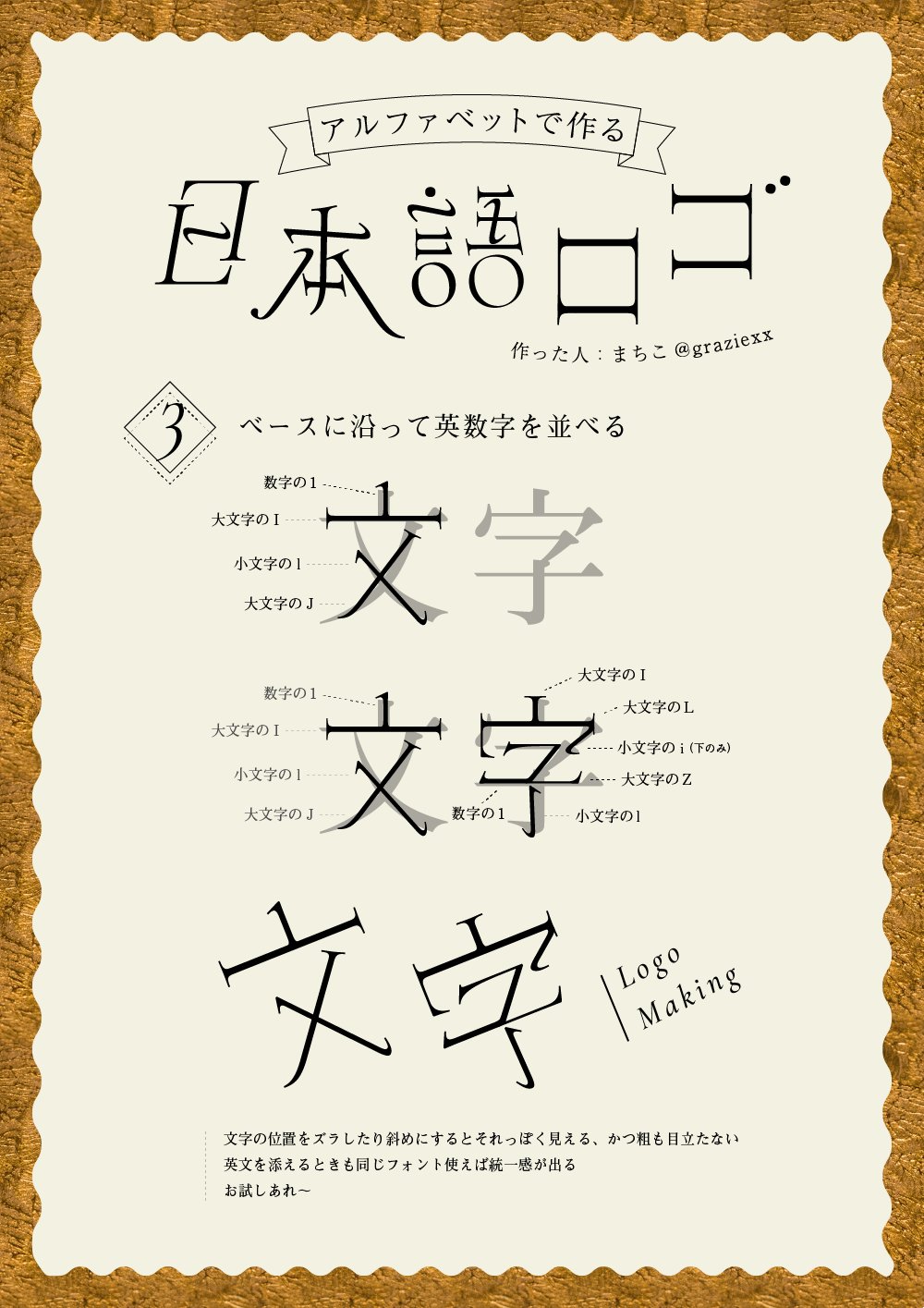 まちこ 江野 アルファベット と数字 を使って作る日本語ロゴの作り方です タイトルアルファベットで作るになってますが数字も使ってます 笑 英文フォントはオールドスタイルの細目のやつがおすすめです 画像のはタイトルもサンプルもcormorant Garamond