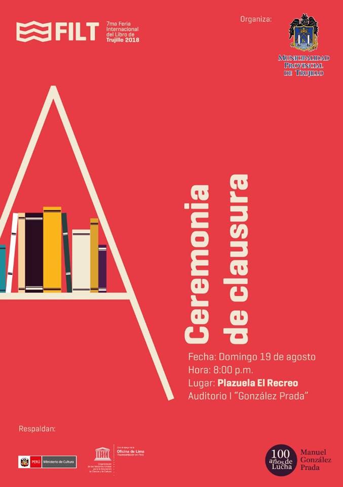 Los esperamos en nuestra ceremonia de clausura a realizarse esta noche a las 8:00 p.m. en el Auditorio González Prada. 📚
Y después a gozar con Mr. Pucho. 🎵
#FILT2018 #100AñosDeLucha