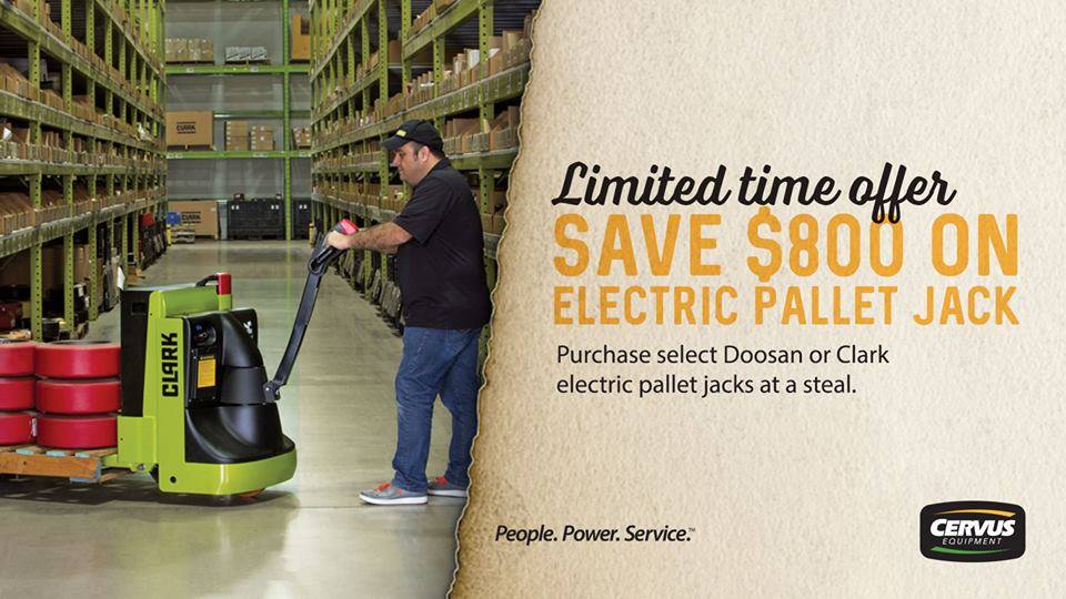 You can save up to $800 on select Doosan & Clark electric #palletjacks: goo.gl/io8Ym1 #yyc #yxe #yqr #ywg #yeg