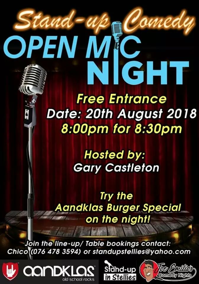 Get your laugh on at <a href="/Aandklas/">Aandklas Stellies</a> with Open Mic Comedy Night tomorrow evening

Hosted by <a href="/castleton38/">Gary Castleton</a> and headliner <a href="/joeemiliocomedy/">The Joe Emilio Show</a> 

Join the lineup at standupstellies.wixsite.com/standupstellies

Entry is free

#SAComedy #OpenMicComedy #AandklasComedy #StandUpComedy #ComedyCapitalZA
