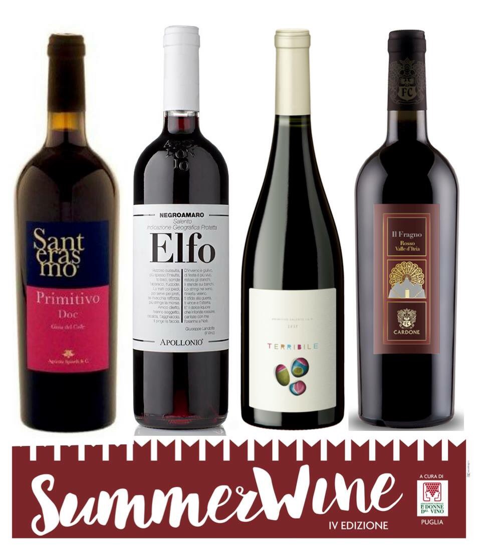I vini rossi di #SummerWine2018 delle <a href="/donnedelvino/">Le Donne del Vino</a> #Puglia
•SANTERASMO Primitivo <a href="/VINOSANTERASMO/">VINO SANTERASMO</a> 
•ELFO Negroamaro <a href="/apolloniovini/">Apollonio Vini</a> 
•TERRIBILE Primitivo Cantina Terribile
•IL FRAGNO Rosso Valle d’Itria <a href="/Cardonewines/">Cantine Cardone</a> 
📌 23 agosto 2018 Masseria Pizzariello Talsano (Ta)