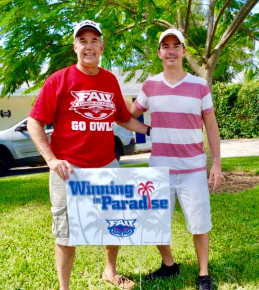 Dad/@JeffAtwater makes another #WinningInParadise delivery to 2010 grad Johnny @atwater244! We're #Owlin! Go #FAU! Go #FAUAlumni!