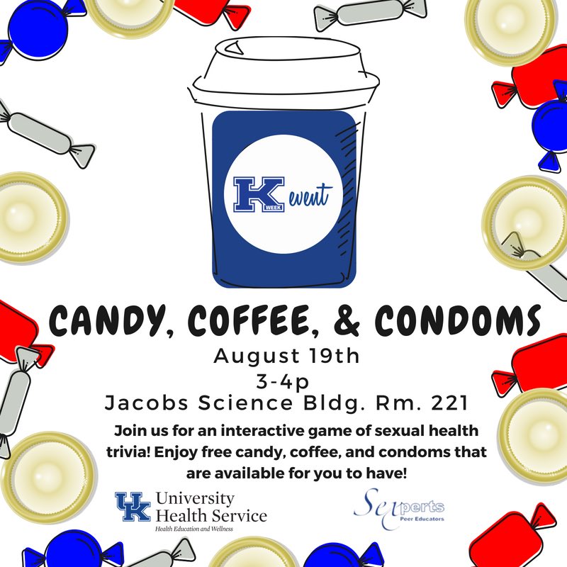 UHSPaws's tweet photo. It’s #StudentOrgSunday for @UK_KWeek and the @UKSexperts are excited about #CandyCoffeeCondoms happening at 3pm in the Jacobs Science Bldg Rm 221! #FreeSwag #SexEdFun #WellnessMatters #StayWell #SaferIsSweeter🍬🍭 https://t.co/rqT2jNRIiT