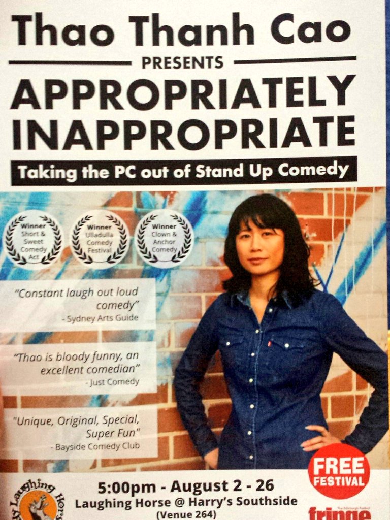 RainChameleon's tweet image. Enjoyed the "Appropriately Inappropriate" Free Fringe Show by @Thao_Thanh_Cao earlier today. Very unique way of delivering comedy.