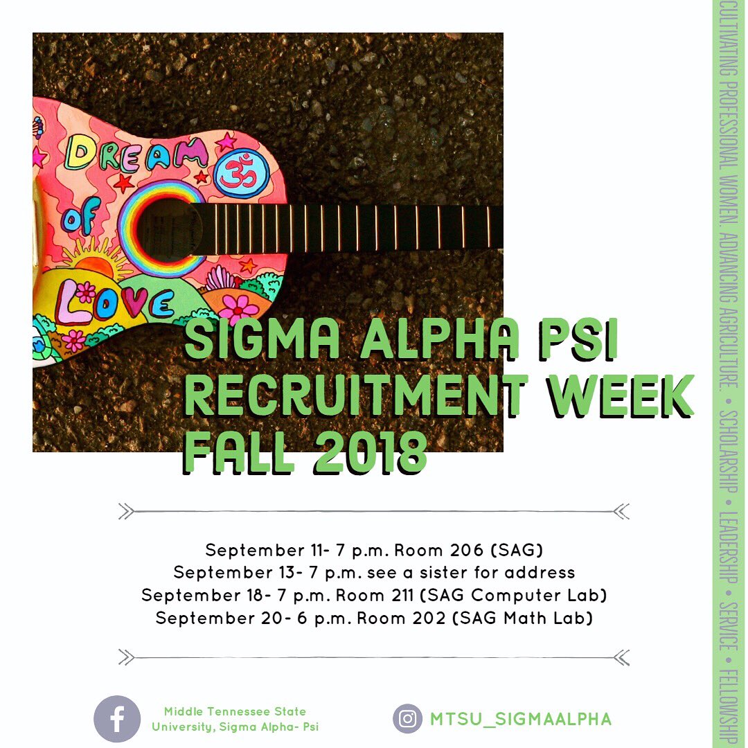 mtsusigmaalpha's tweet photo. Dates for Fall Recruitment 2018 are finally here! Starting September 11 get ready to get your groove on and have a great time. We can’t wait to see you guys there and please share around! #sigmaalpha #sigmaalphapsi #recruitmentweek https://t.co/TdrnAvnYsf