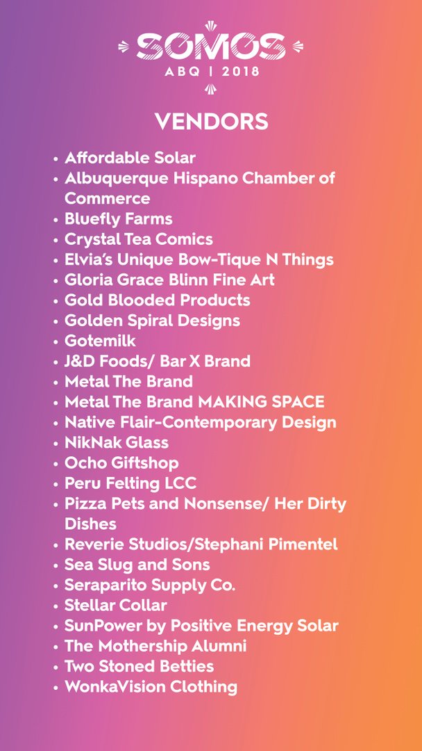 somosabq's tweet image. Who should you expect to see at #SOMOS2018? Here's all of the incredible food vendors, community organizations and vendors helping illuminate everything special about ABQ ✨  Get your tickets now at somosabq.com