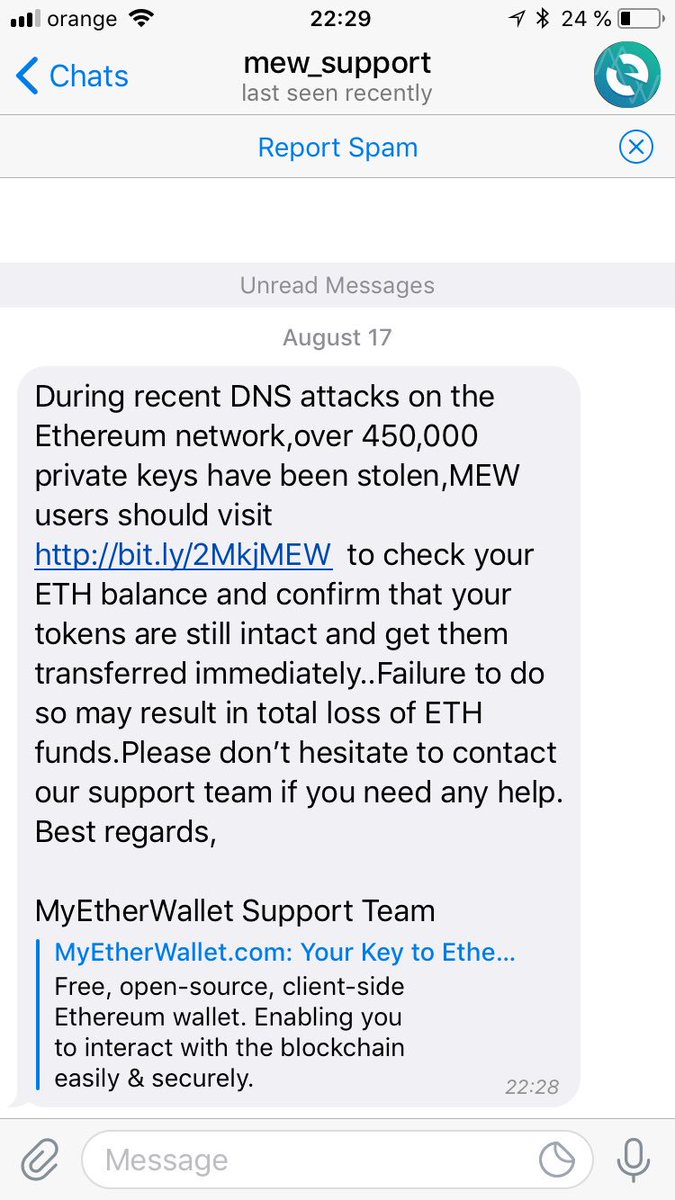 danielrogobete's tweet photo. Beware of #scam message on ⁦@telegram⁩ saying that MEW was hacked and you need to check your #Ethereum balance. You will end up losing your coins by doing so. Please retweet to prevent others from being scammed. #crypto $eth $btc https://t.co/upXW28Hei8