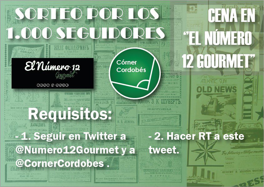 CornerCordobes's tweet photo. SORTEO | Con motivo de los 1000 seguidores, tenemos un regalo para vosotros. Se sortea una cena para dos en @Numero12Gourmet . Requisitos:
- Seguir a la cuenta de @Numero12Gourmet .
- Seguir a nuestra cuenta.
- Dar RT a este tweet.
Fecha límite: 31 de agosto.
¡¡Mucha suerte!! https://t.co/KHmBtkecIe