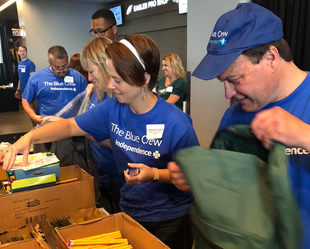 IBX's tweet photo. How do you help 30,000 children get ready to go back to school? @C2CPhiladelphia @PhillySJUnited #IBXBlueCrew + 600 corp. volunteers know the way! Notebooks, pencils, folders and more were packed up + delivered to local students to kick-off the new school year. #BackpackAThon2018 https://t.co/dtm2lNsQAM