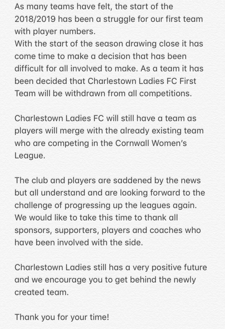 CharlestownLFC's tweet photo. Charlestown Ladies FC Club Statement https://t.co/3Bc9VFYziK