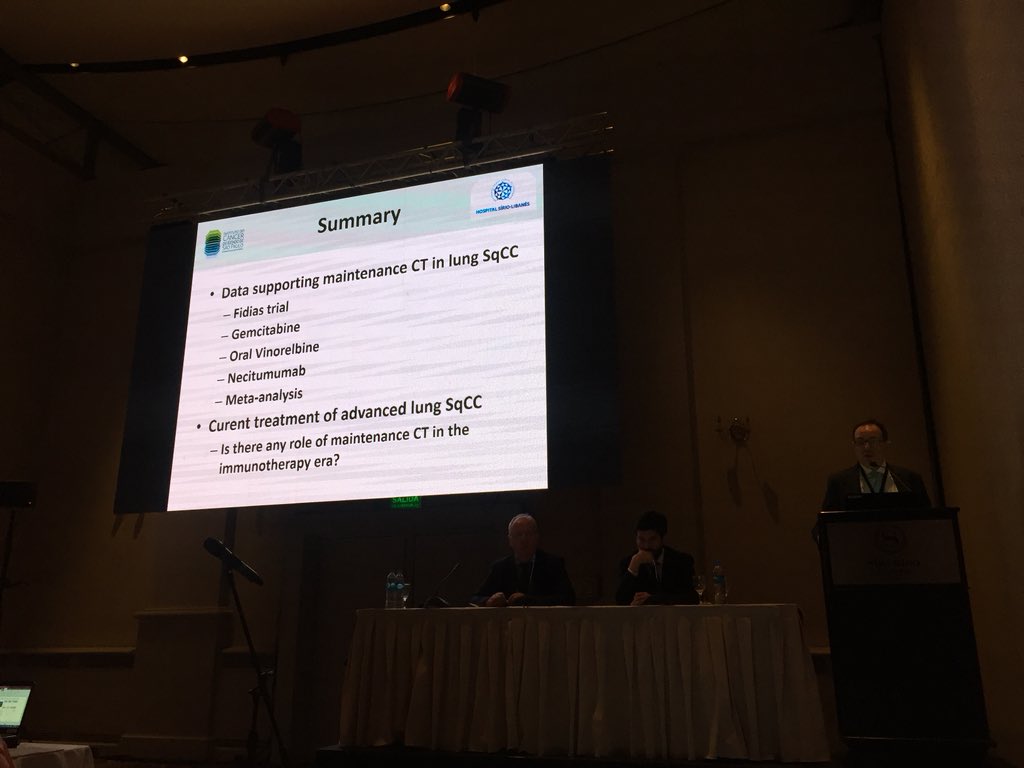 IASLC's tweet photo. Dr. Gilberto Castro on maintenance therapy in squamous cell carcinoma. Dr. Castro covered available data supporting maintenance CT and asked the question of is there still a role in the #immunotherapy era. #LCSM #LACLC18 https://t.co/py63ZndxMZ