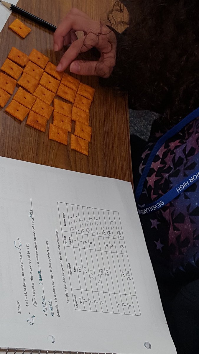 trisharey's tweet image. SLJH 8th grade math students learning about squares and square roots with Cheez-its. #7LJHpride #katymodelsmath @spartan_speak