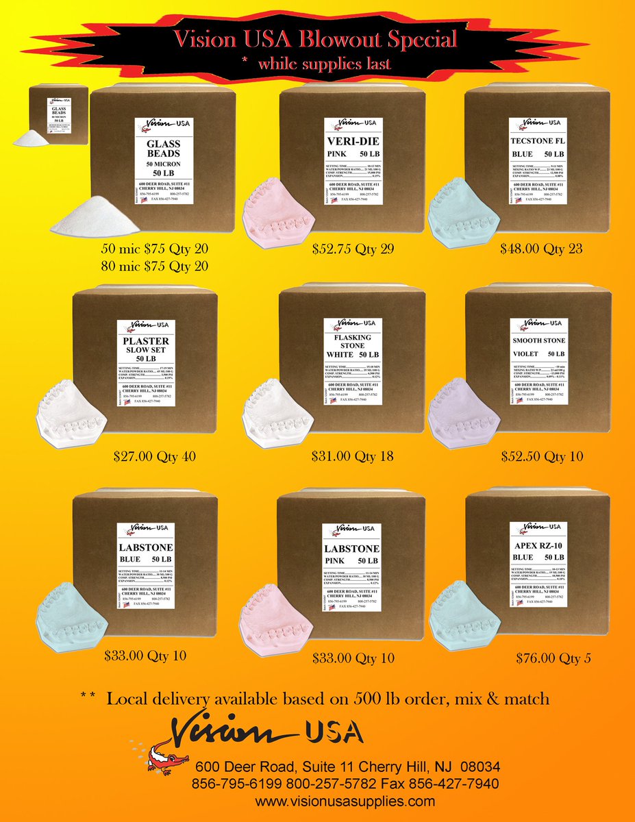 VIsion_USA's tweet photo. Vision USA Web #Specials
#Stone #LabStone #GlassBeads #Plaster #FlaskingStone #Apex #ResinRock #LeanRock #WhipMix #DrSmoothStone #Bellavest #Investment
#Blowout Special!!!
Visit our #onlinestore https://t.co/WJY0jOCYa1