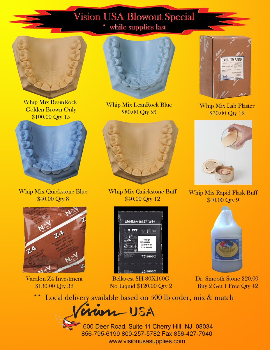 VIsion_USA's tweet photo. Vision USA Web #Specials
#Stone #LabStone #GlassBeads #Plaster #FlaskingStone #Apex #ResinRock #LeanRock #WhipMix #DrSmoothStone #Bellavest #Investment
#Blowout Special!!!
Visit our #onlinestore https://t.co/WJY0jOCYa1