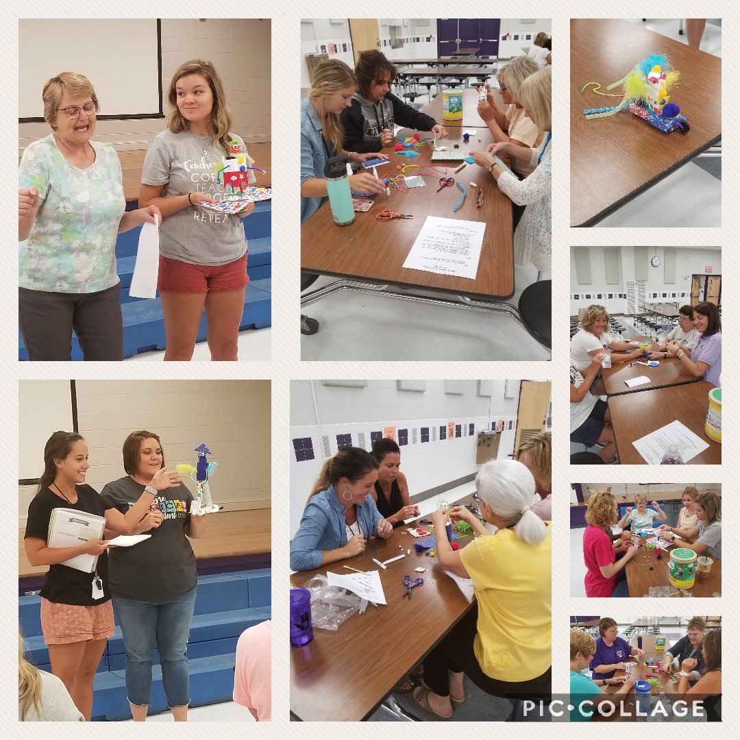SQHammill's tweet photo. So much fun challenging our staff this morning to construct creatures that represent the skills their groups  to our school and the field of education using the #creativitycan! The room was awash with laughter and examples of how we respond to creative challenges! #pvesstrives https://t.co/lH6Db74shs