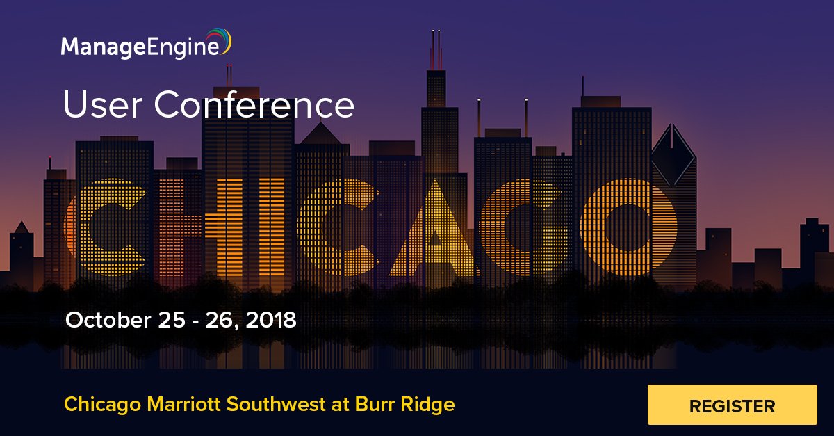 manageengine's tweet photo. Two days of helpful presentations, one-on-ones, and delicious food. All this, now at half the price! Grab your early bird tickets to our Chicago User Conference: https://t.co/gyBGvZABZr
Use the code MEUCEARLY18 at checkout to get early bird pricing. #UserConf18 https://t.co/gJp2GXo1U3