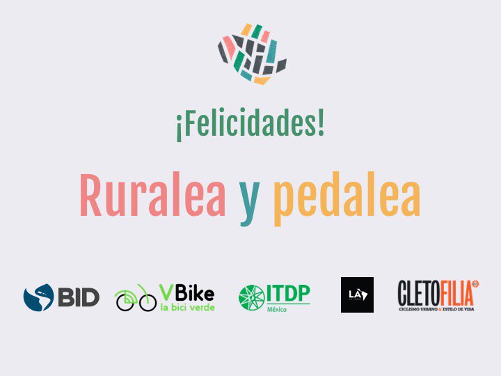 ciclociudades's tweet photo. "Ruralea y Pedalea" es el equipo ganador del concurso Ciudades Hechas a Mano y se van a Quito al #FMB8 ¡Felicidades! 🚲 🚲 🚲 @ITDPmx @Cham_Mx https://t.co/o17SkrgXpW