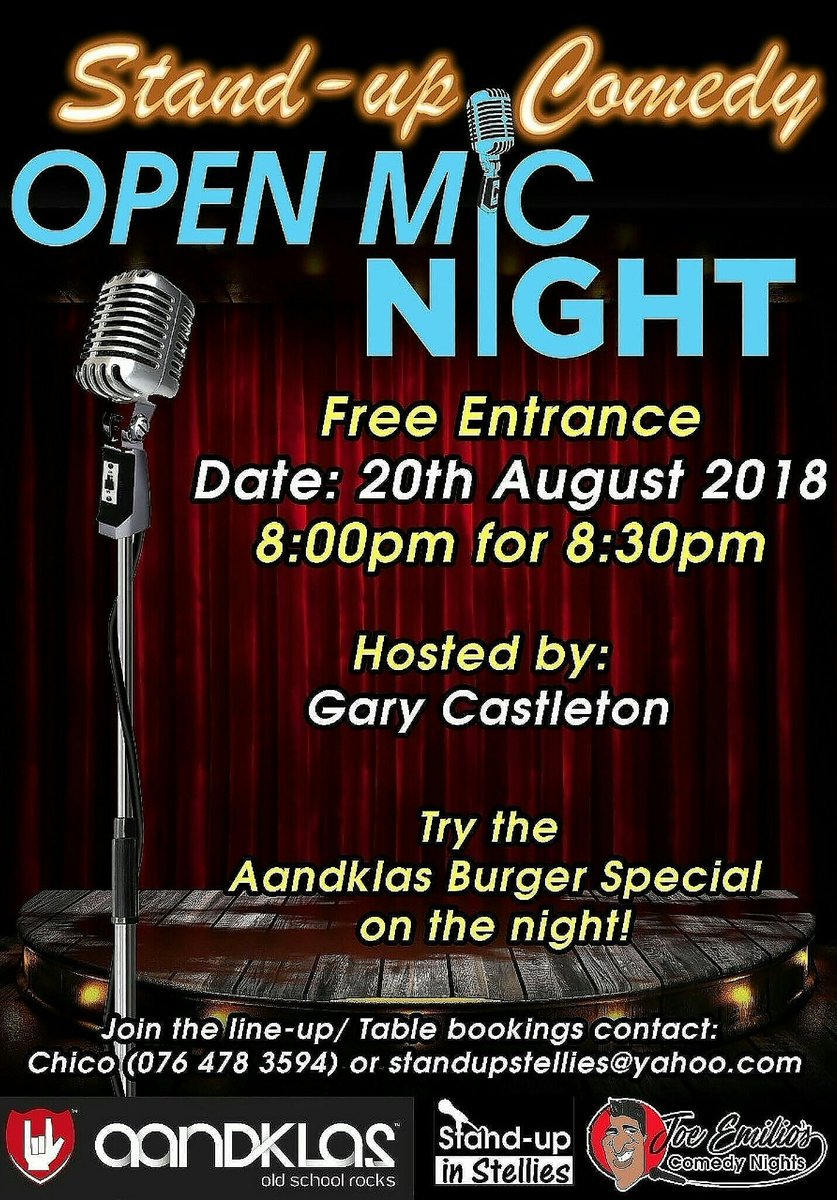 Head over to <a href="/Aandklas/">Aandklas Stellies</a> on the 20th of August for Open Mic Comedy Night

Hosted by <a href="/castleton38/">Gary Castleton</a> and <a href="/joeemiliocomedy/">The Joe Emilio Show</a> as headliner.

Join the lineup at standupstellies.wixsite.com/standupstellies

Entry is FREE

#SAComedy #OpenMicNight #Comedy #Standup #StandUpComedy #StelliesComedy #AandklasComedy