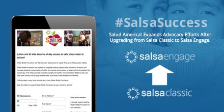 salsalabs's tweet photo. Out with the old, in with the new! @SaludAmerica made the switch from Salsa Classic to Salsa Engage and has significantly expanded their multi-channel advocacy actions. Find out why they upgraded & how they continue to make an impact here: https://t.co/Ckr8O67DtU #SalsaSuccess https://t.co/lsLsakFHOQ