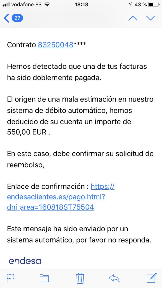 Nuria_NMM's tweet photo. @Endesa @policia me llega esto al email sin ni siquiera ser cliente de la compañía. Tiene pinta de estafa. https://t.co/89hAW5UUN6