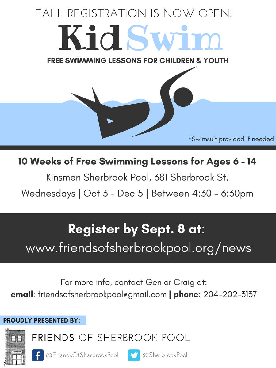 SherbrookPool's tweet image. Registration is NOW OPEN for the Fall 2018 session of KidSwim! See poster OR join us at our #FREE Pool Party (12-3pm) tomorrow for more info.
