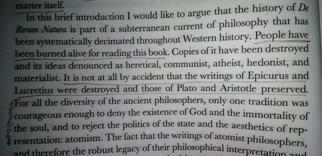 eschaton99's tweet photo. "People have been burned alive for reading this book (...) It is not at all by accident the writings of Epicurus and Lucretius were destroyed and those of Plato and Aristoteles preserved" Thomas Nail, Lucretius: An Ontology of Motion #DeRerumNatura #UndergroundCurrent https://t.co/SfKmIlFqsz