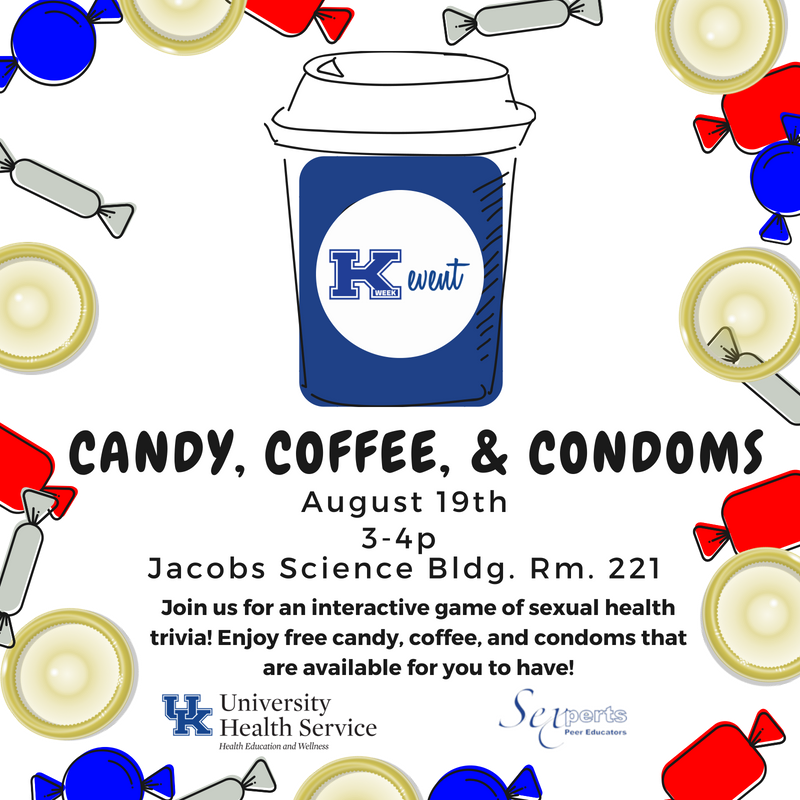 UKSexperts's tweet photo. Only 2 more days until our Candy, Coffee, &amp; Condoms @UK_KWeek event! We are so excited for our first program of the school year! Come join us for #SexEdFun and your chance to win a UK Sexpert t-shirt! #SaferIsSweeter https://t.co/fRpSKLNERg