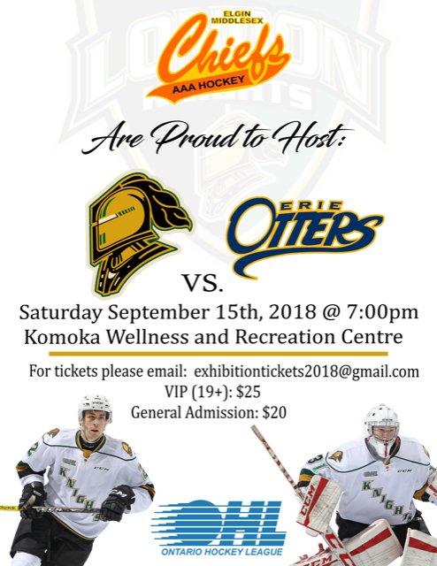 MiddlesexCentre's tweet photo. The @GoLondonKnights are coming to the Komoka Wellness &amp; Recreation Centre! Saturday, September 15th at 7:00 pm - Get your tickets!! Hosted by the @EMCChiefs Go Knights, Go! https://t.co/bmeGXgI3QK
