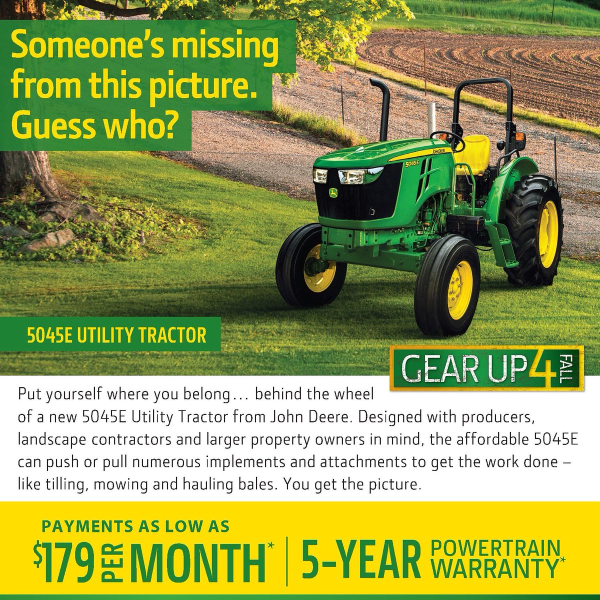 BeardEquip's tweet photo. Come by and test drive the versatile, affordable John Deere 5045E today! #johndeere #utilitytractors #beardequipment #gearupforfall #easytouse #easyonthewallet https://t.co/GWrFRRAKmh