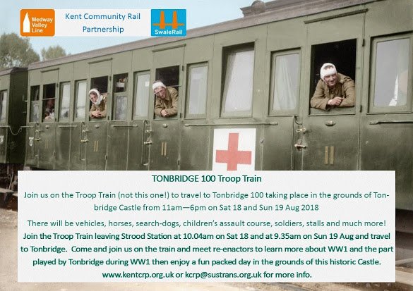 There's a troop train leaving Strood at 10.04 both days coming to Tonbridge. Check out <a href="/KentCRP1/">Kent Community Rail Partnership</a> for more info on this train and troop trains in WW1. Then come and find us. 
#Tonbridge100
HIstory, great food and a train ride.