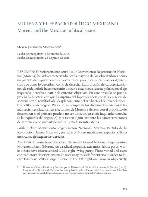 Steven Iván Johansson Mondragón en "Morena y el espacio político mexicano / Morena and the Mexican political space" analiza el perfil ideológico de éste a través de un ejercicio comparativo de su plataforma electoral de 2015 con la del PRD.
Disponible en bit.ly/2MV3Qb7.