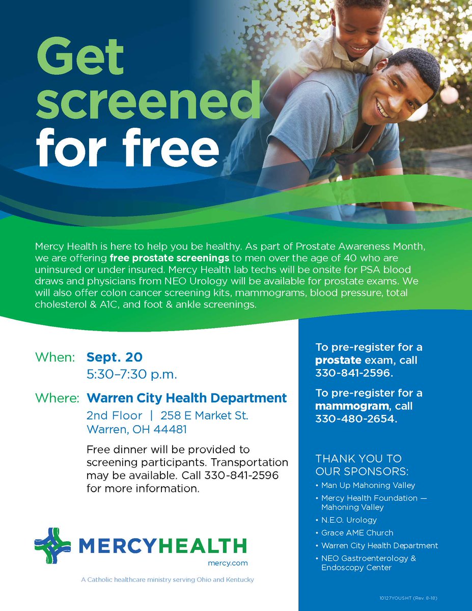 trumbull_health's tweet image. As part of #prostateawarenessmonth, Mercy Health will be offering FREE prostate screenings to men over the age of 40 who are uninsured or under insured on Sept. 20th at the Warren City Health Department. For more information see the flyer below: ⬇️