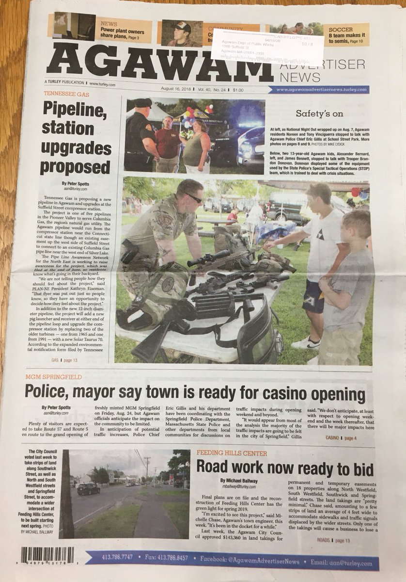 Agawam_Engineer's tweet photo. Yup, we are very very busy at the moment...see the article that starts at the bottom of the front page. This doesn’t include our local road and sidewalk work, stormwater, planning/conservation commission reviews, assisting other departments and residents/businesses, etc. https://t.co/PJVgdZKCxf