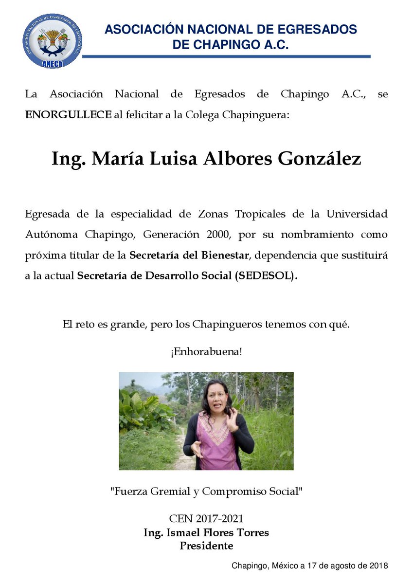 ANECh_Oficial's tweet photo. La #ANECh felicita a la distinguida Colega Chapinguera Ing. María Luisa Albores González @Mary_Luisa_AG por su ratificación como próxima titular de la Secretaría del Bienestar.
¡Enhorabuena!
C.E.N
2017-2021
Ing. Ismael Flores Torres @IsmaelFloresT
Presidente https://t.co/qR21RFy8Dl