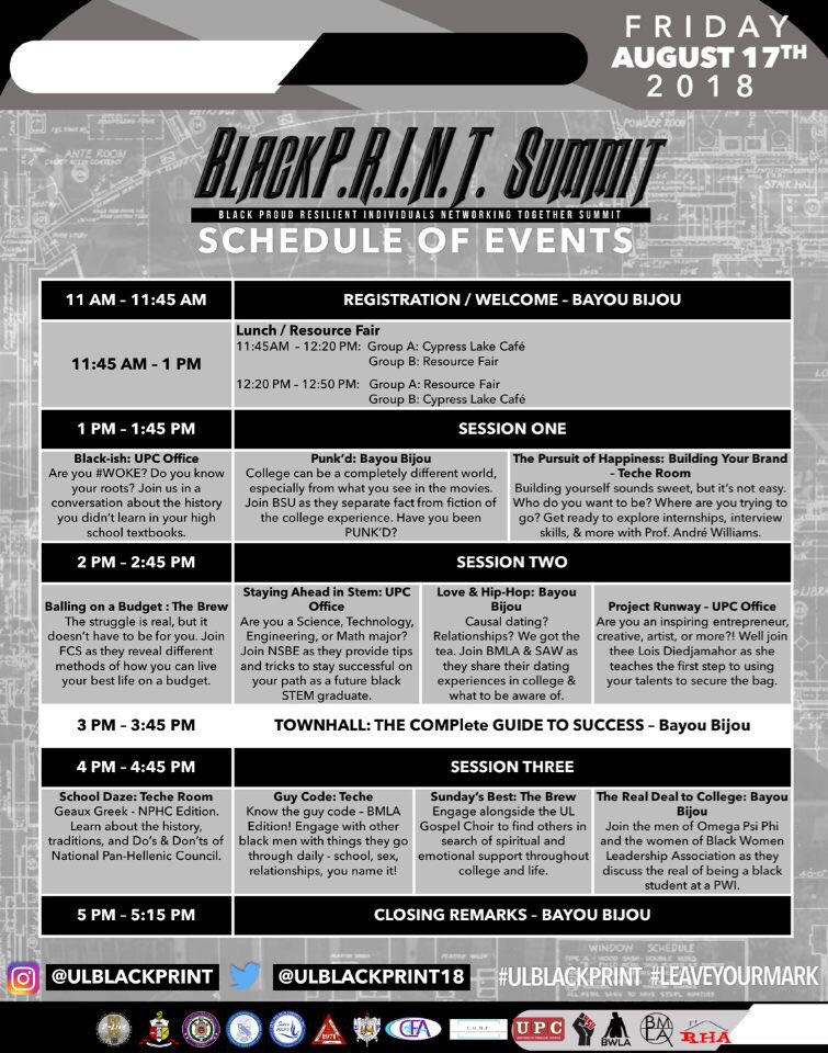 ULBlackPRINT18's tweet photo. SUMMIT SCHEDULE. AT BAYOU BIJOU. https://t.co/z7VZAEPSJo