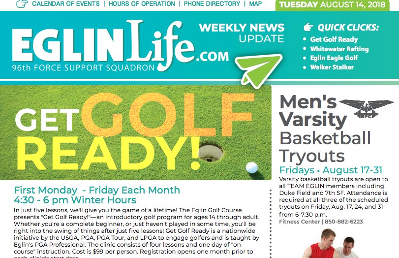eglinlife's tweet photo. Know anyone one who is new to the Eglin community? Feel free to share our weekly news update so they know what events or activities are taking place! https://t.co/vD57KnTJQS #eglinafb #eglinlife #whattodo #96fss https://t.co/AUwwMfoNoV